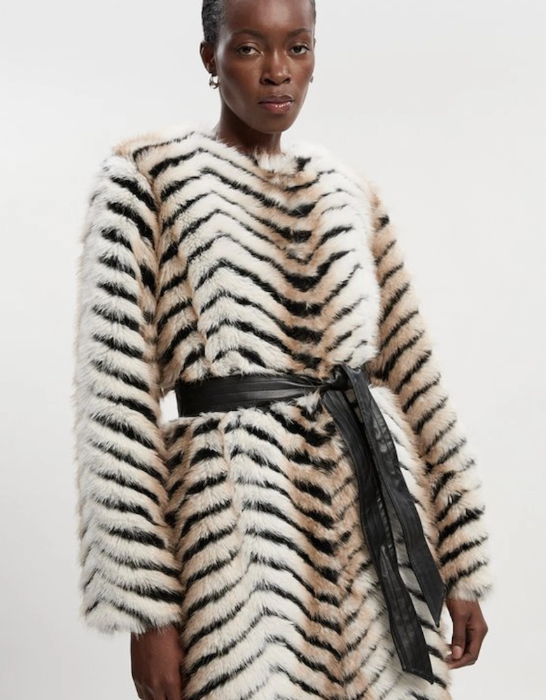 Zig Zag Faux Fur Collarless Belted Long Coat