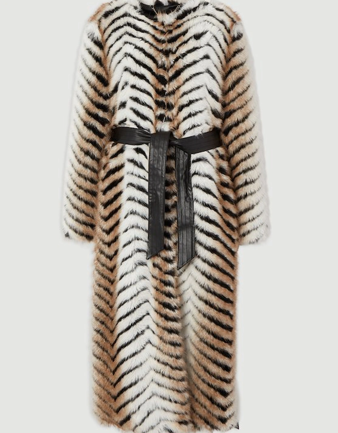 Zig Zag Faux Fur Collarless Belted Long Coat