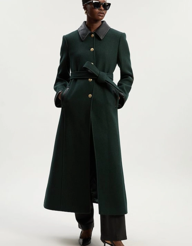Wool Pu Mix Belted Tailored Maxi Coat