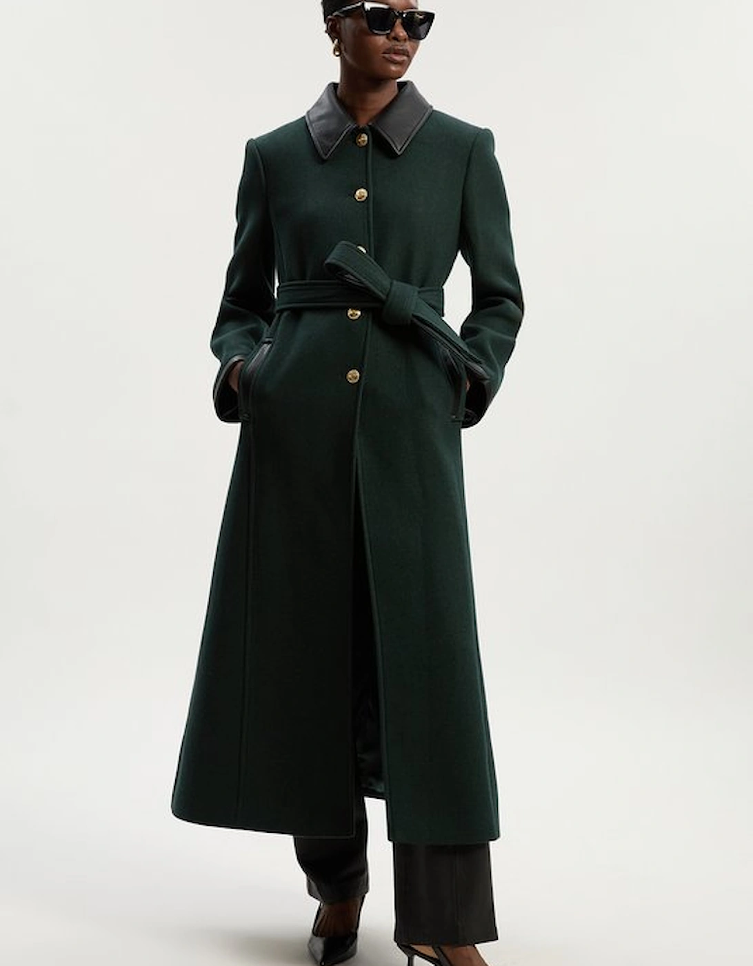 Wool Pu Mix Belted Tailored Maxi Coat, 5 of 4