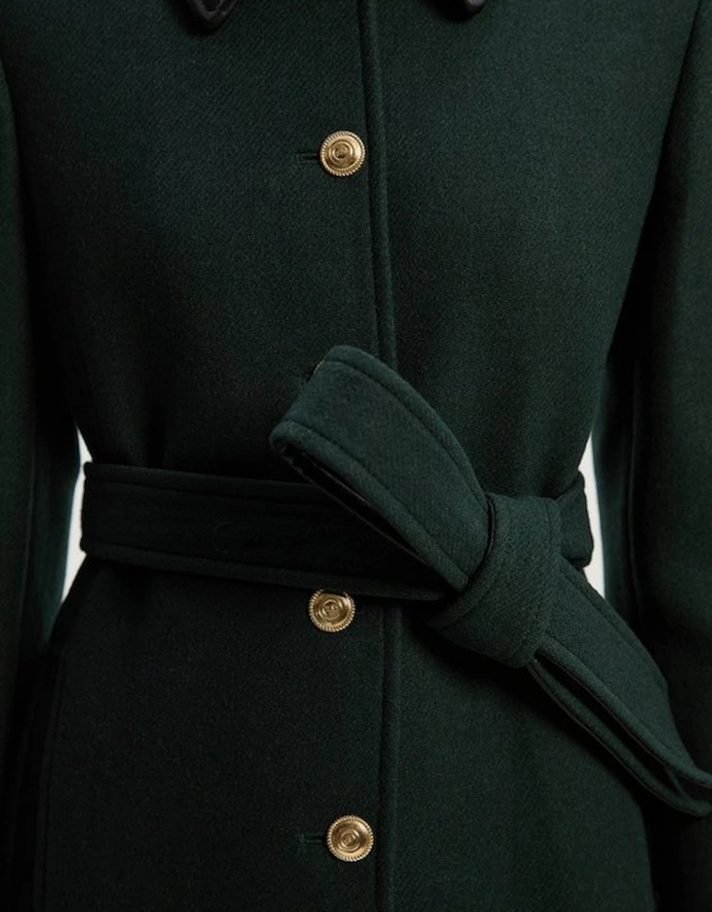 Wool Pu Mix Belted Tailored Maxi Coat