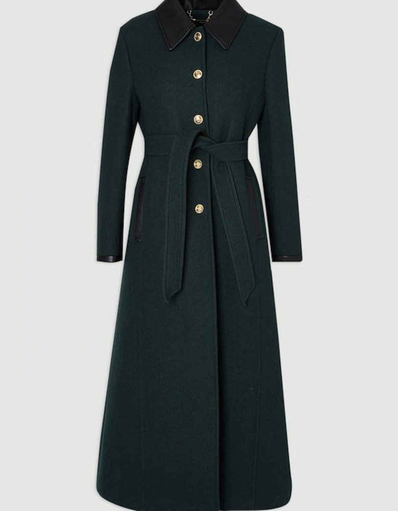 Wool Pu Mix Belted Tailored Maxi Coat