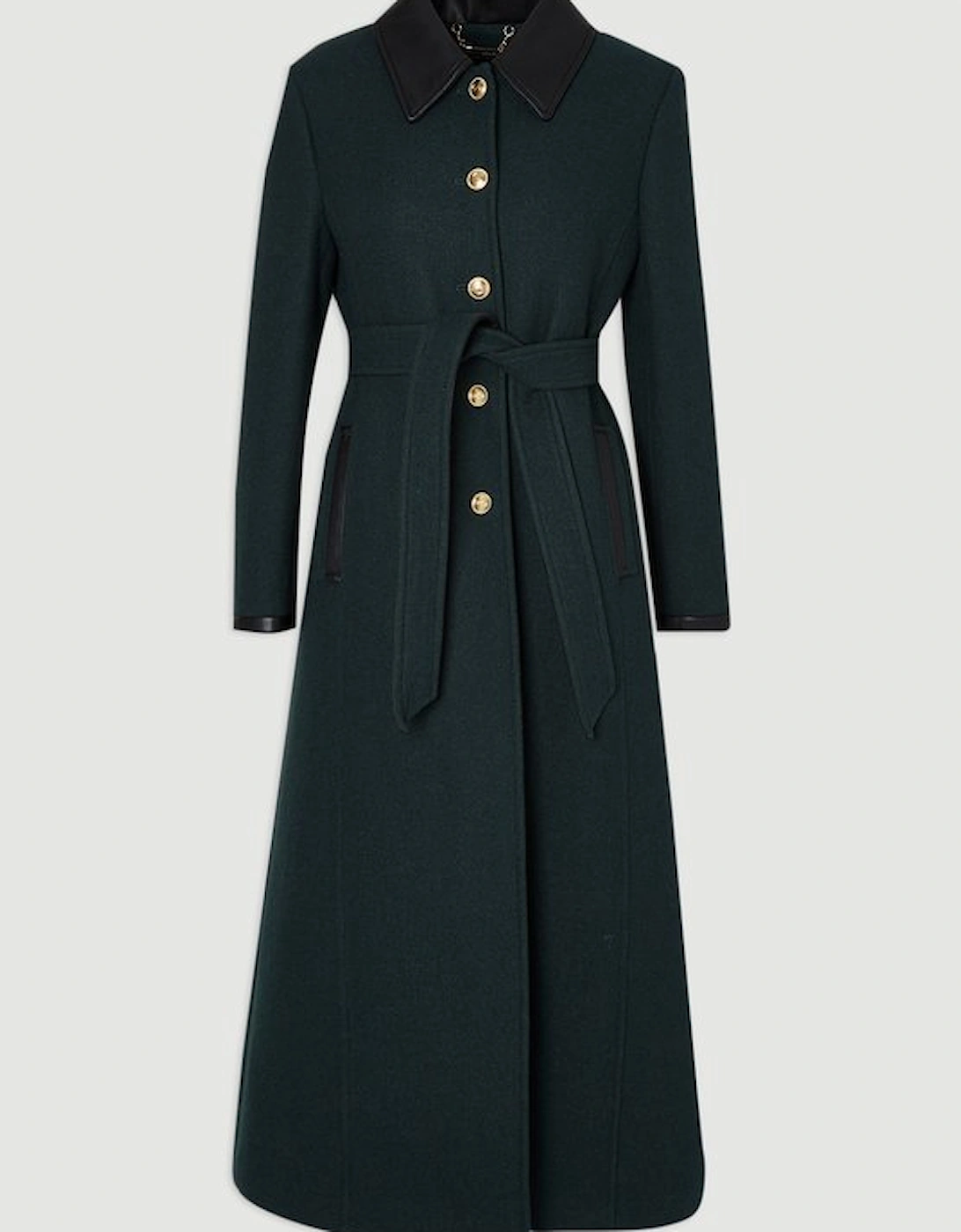 Wool Pu Mix Belted Tailored Maxi Coat
