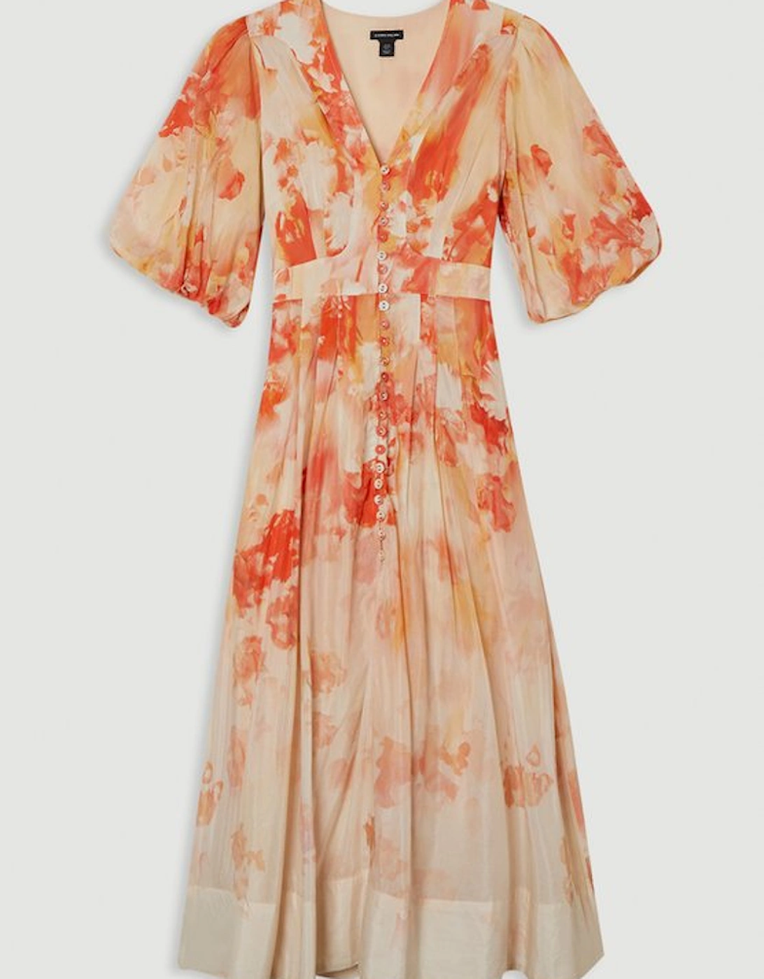 Silk Cotton Trailing Floral Puff Sleeve Midi Dress