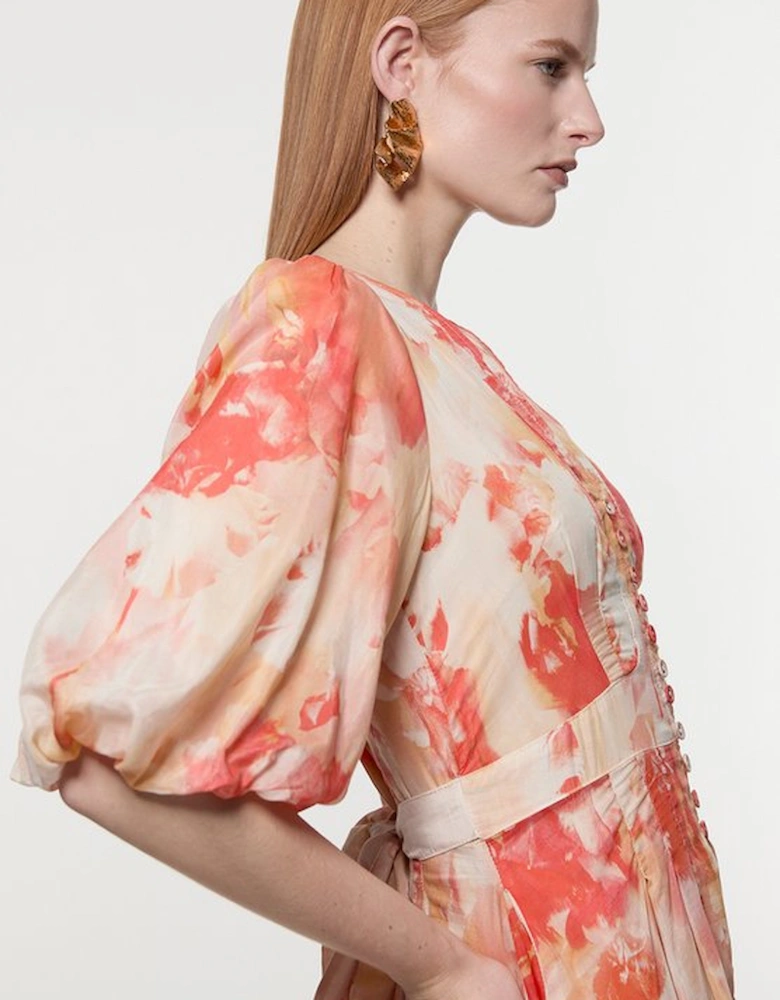 Silk Cotton Trailing Floral Puff Sleeve Midi Dress