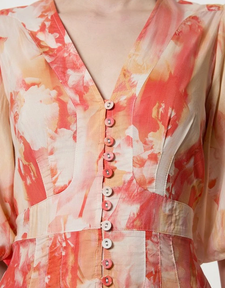 Silk Cotton Trailing Floral Puff Sleeve Midi Dress