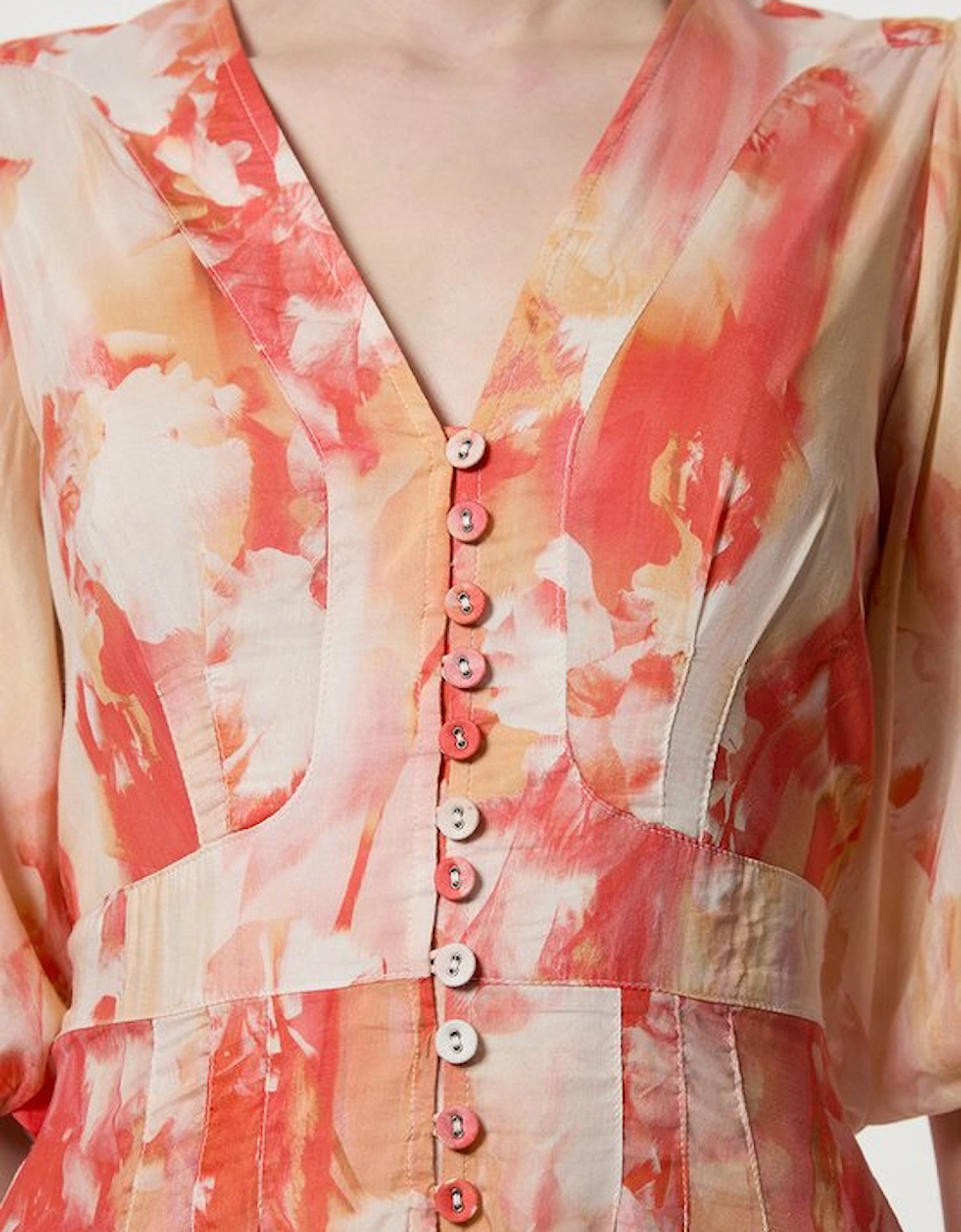 Silk Cotton Trailing Floral Puff Sleeve Midi Dress
