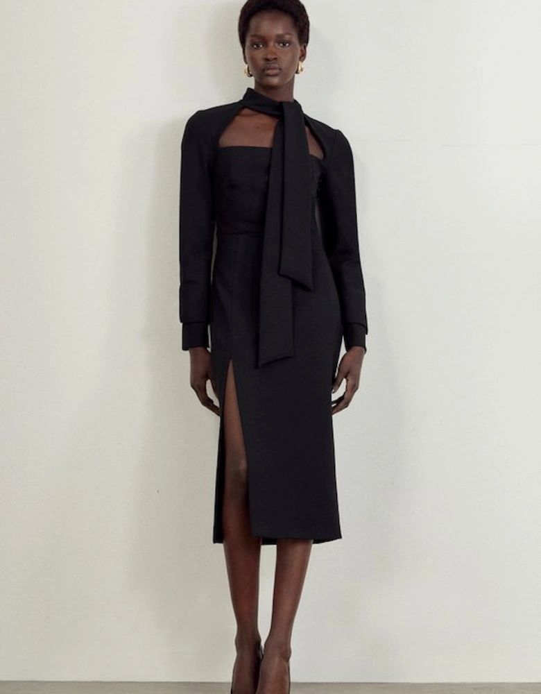 Compact Stretch Tailored Tie Neck Pencil Midi Dress