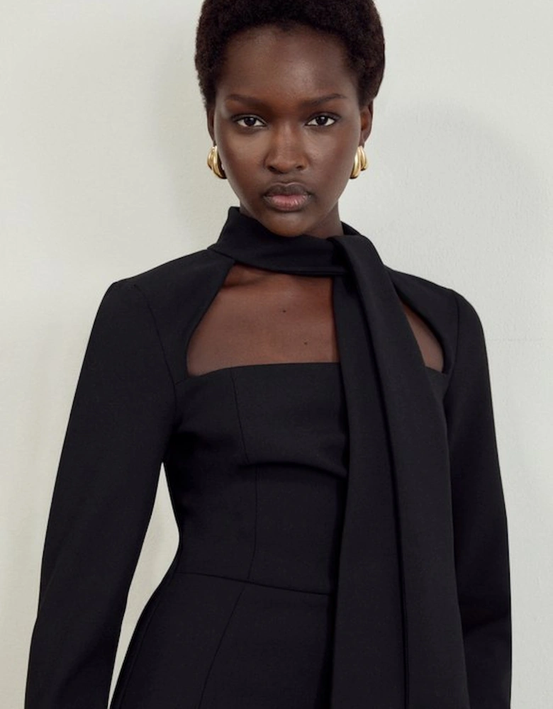 Compact Stretch Tailored Tie Neck Pencil Midi Dress