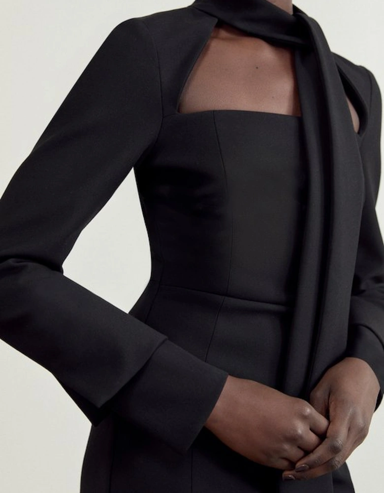 Petite Compact Stretch Tailored Tie Neck  Pencil Midi Dress