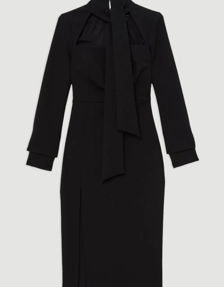 Petite Compact Stretch Tailored Tie Neck  Pencil Midi Dress