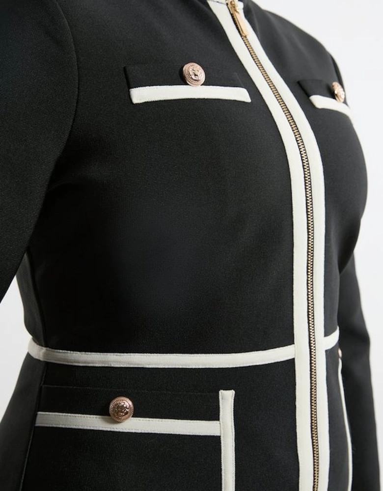 Plus Size Figure Form Bandage Knit Piping Detail Military Dress