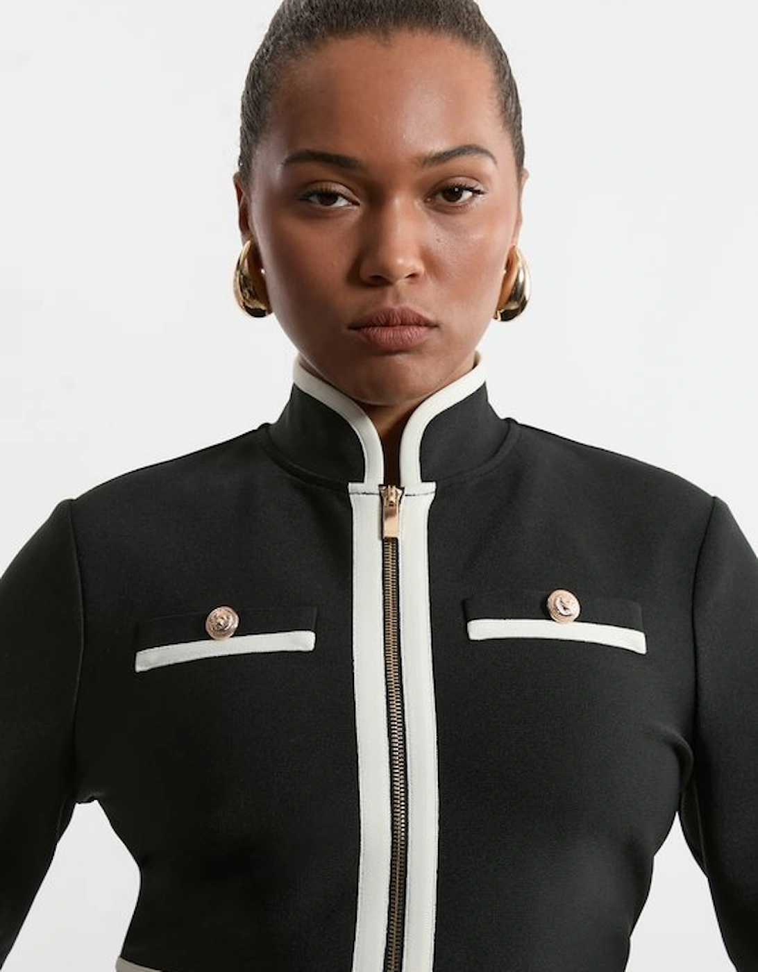 Plus Size Figure Form Bandage Knit Piping Detail Military Dress