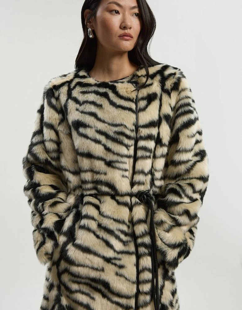 Faux Fur Zebra Collarless Tie Belted Midi Coat