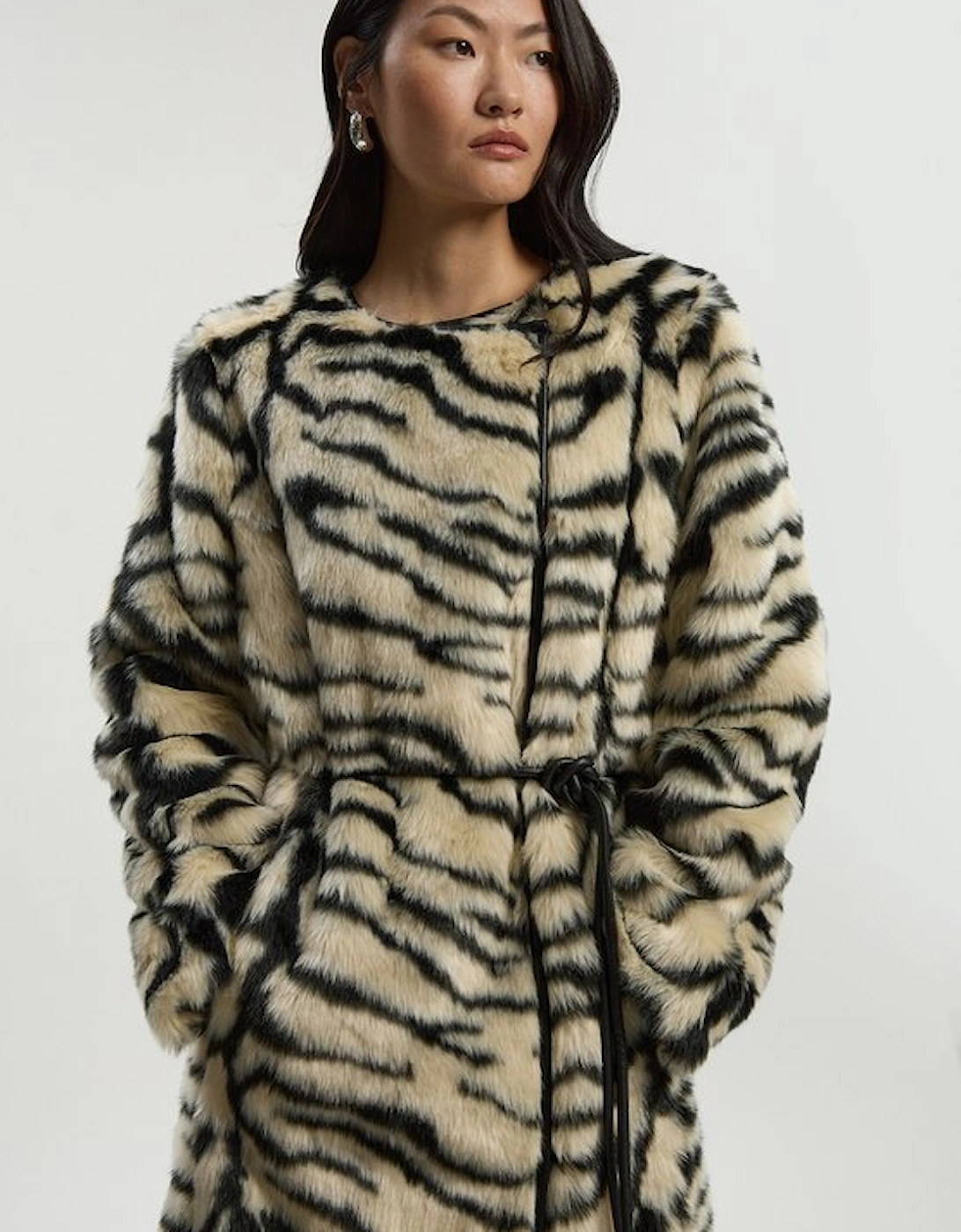 Faux Fur Zebra Collarless Tie Belted Midi Coat