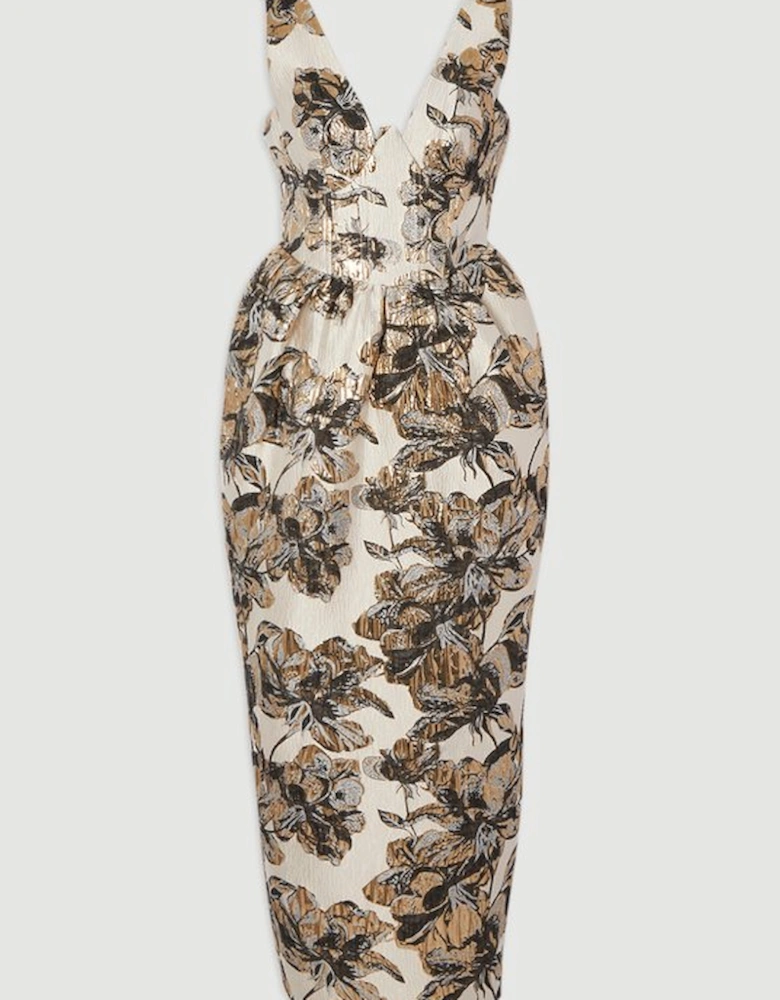 Floral Jacquard Plunge Corset Pencil Midi Dress