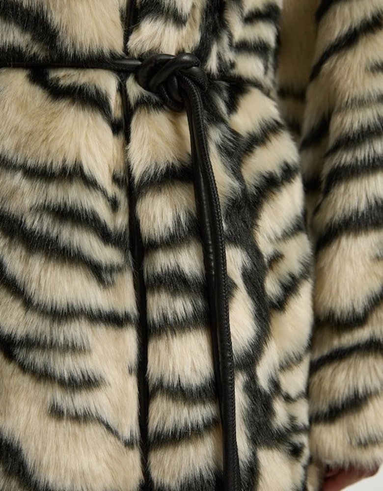 Faux Fur Zebra Collarless Tie Belted Midi Coat