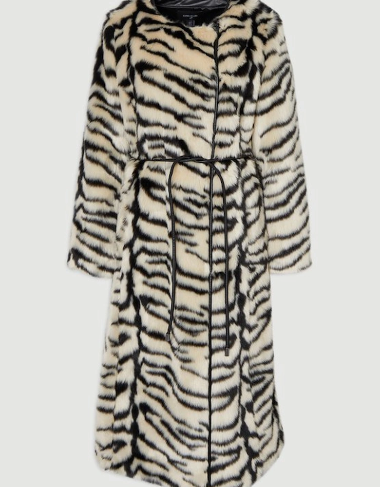 Faux Fur Zebra Collarless Tie Belted Midi Coat