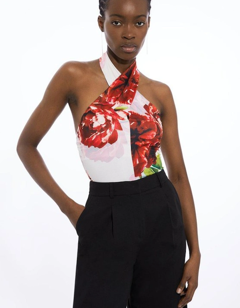 Rose Print Cross Neck Drapey Crepe Jersey Bodysuit