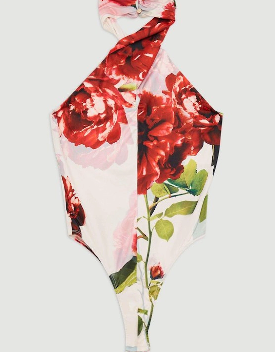 Rose Print Cross Neck Drapey Crepe Jersey Bodysuit