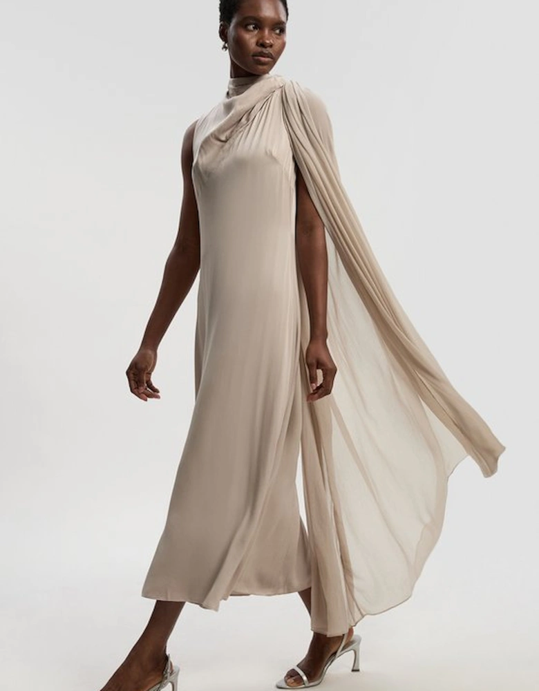 Satin Drape Georgette Cape Detail Midi Dress