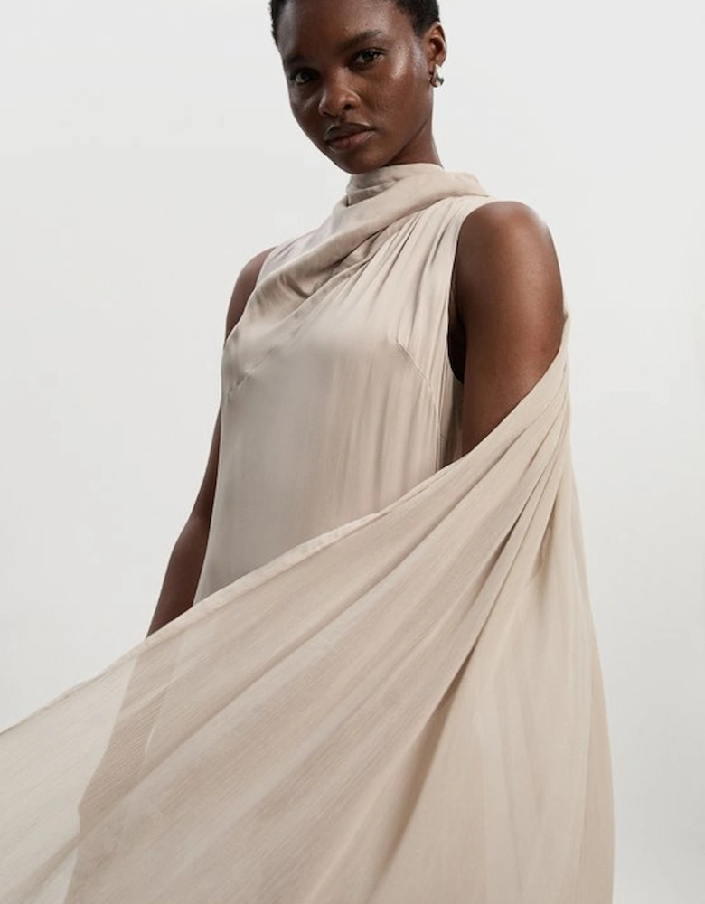 Satin Drape Georgette Cape Detail Midi Dress