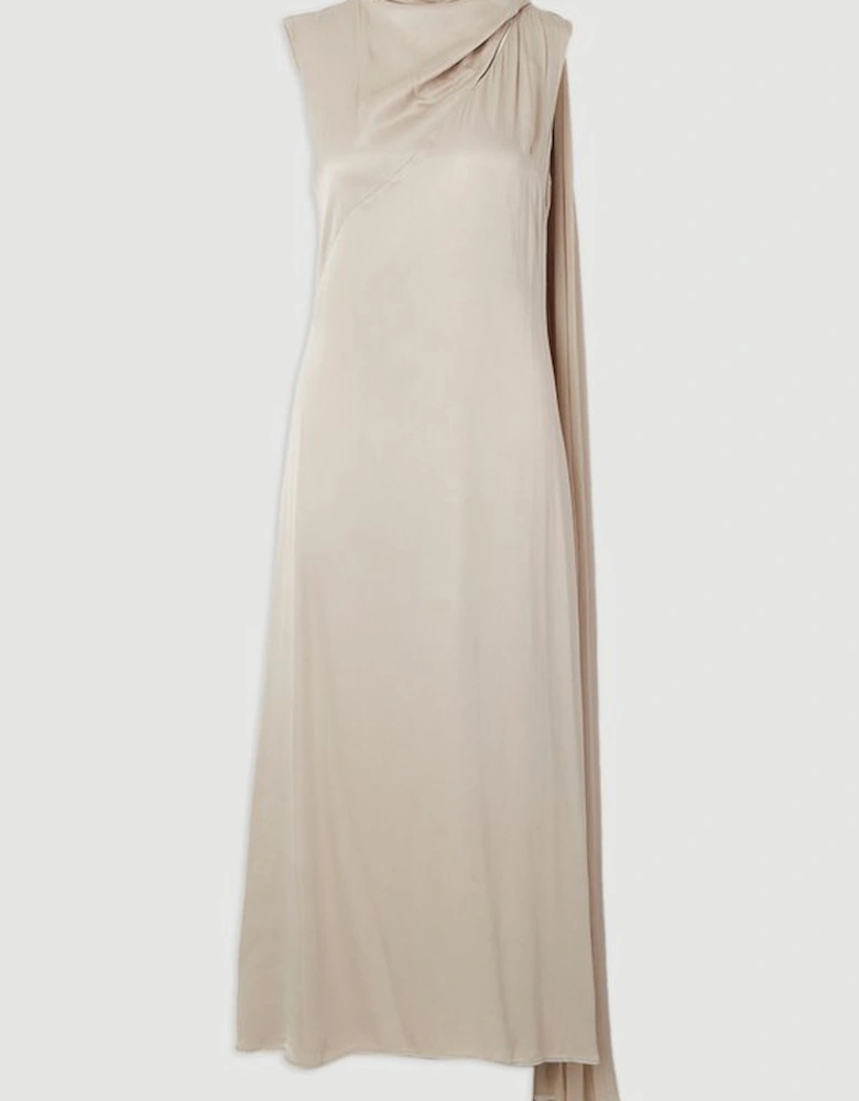 Satin Drape Georgette Cape Detail Midi Dress