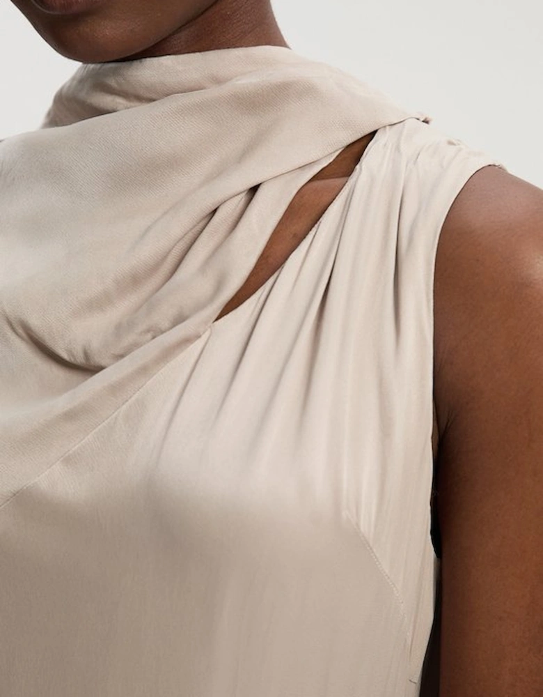 Satin Drape Georgette Cape Detail Midi Dress