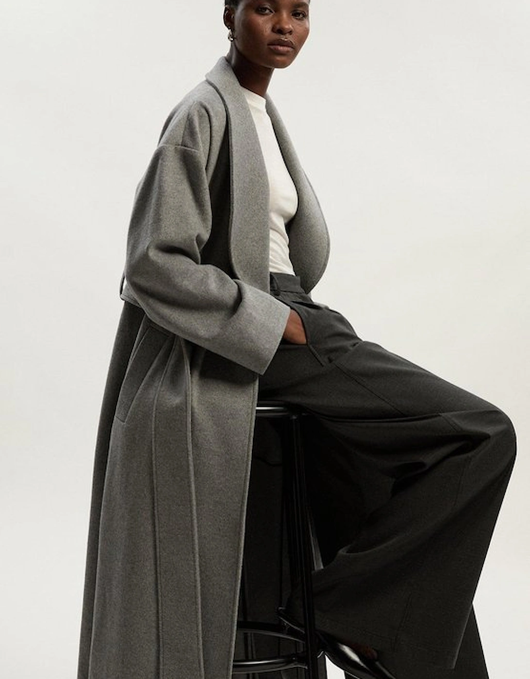 Brushed Wool  Belted Wrap Tailored Maxi Coat