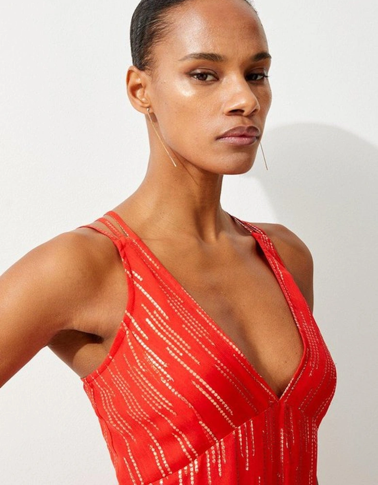Strappy Metallic Viscose Georgette  Beach Dress
