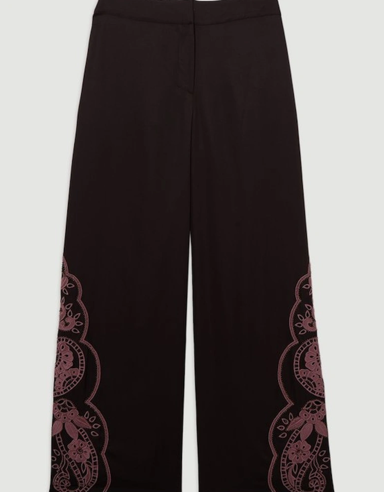 Tall Cutwork Beaded Twill Wide Leg Woven Trouser