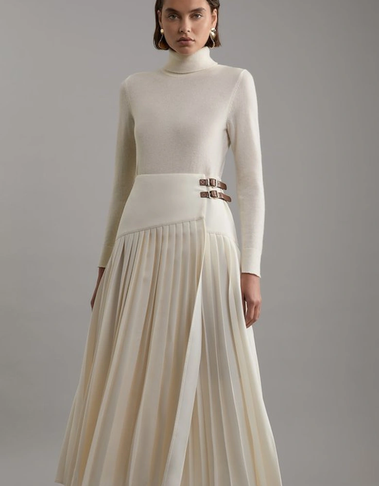 Tailored Crepe Pleated Buckle Detailed Maxi Skirt
