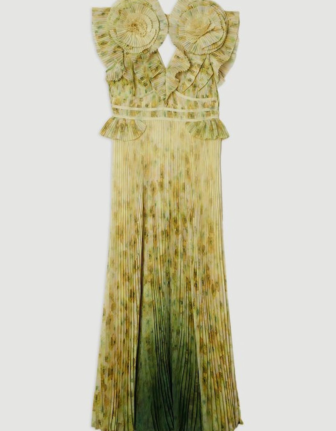 Crinkle Pleat Border Print Maxi Dress With Rosette Detail