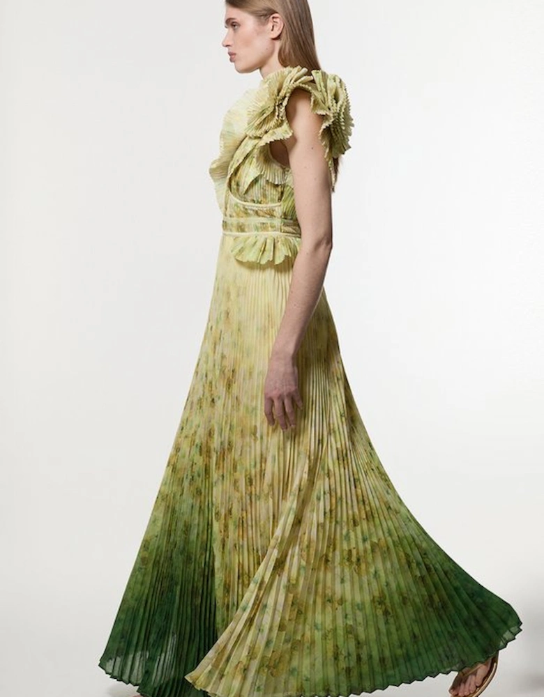 Crinkle Pleat Border Print Maxi Dress With Rosette Detail