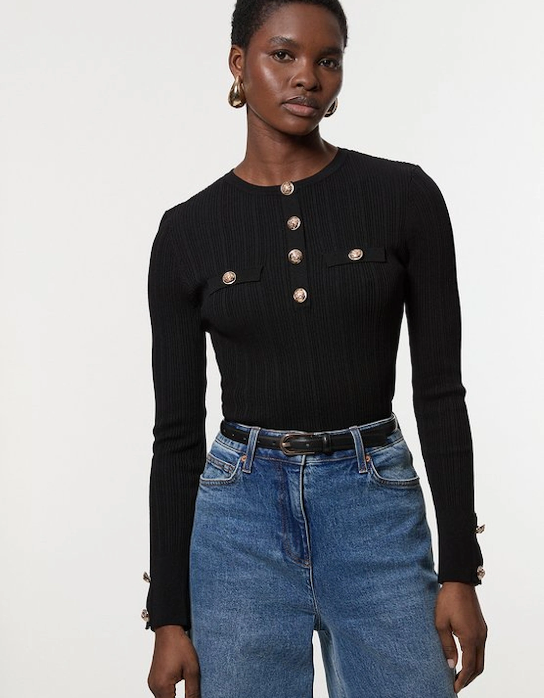 Military Trim Rib Long Sleeve Knit Top, 2 of 1