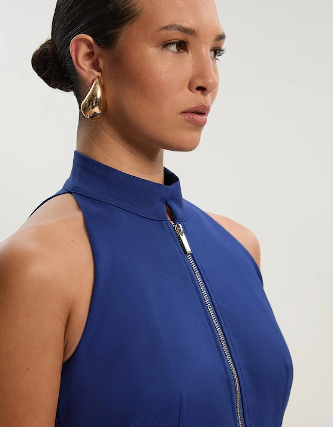 Petite Techno Cotton Halter Neck Zip Detail Woven Midi Dress