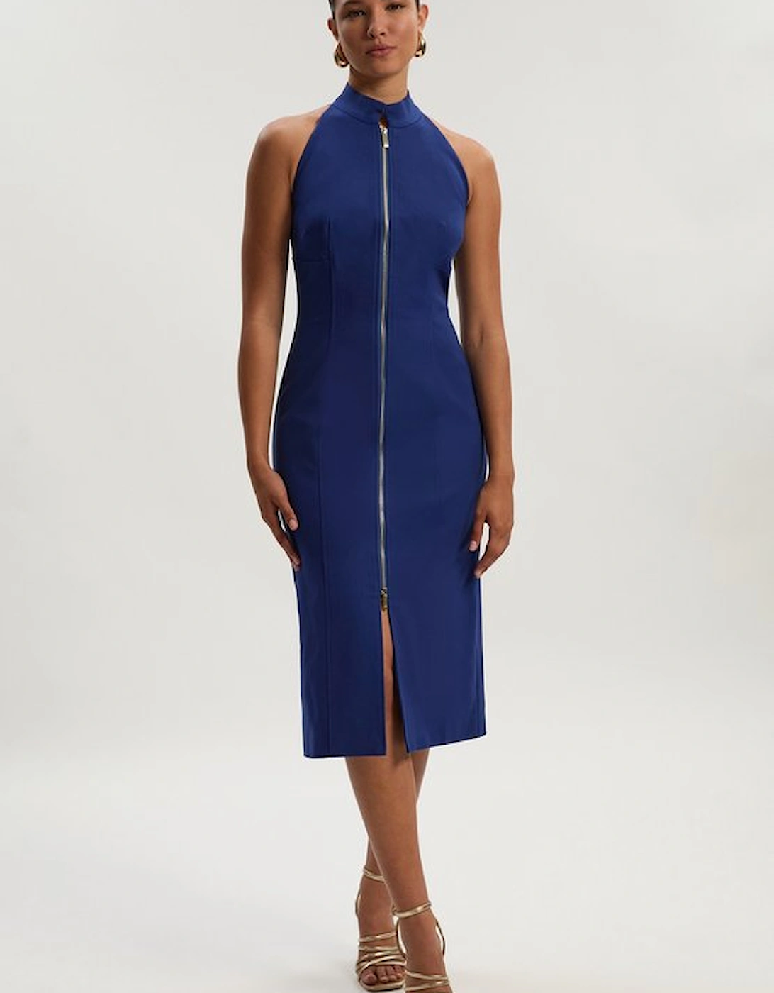 Petite Techno Cotton Halter Neck Zip Detail Woven Midi Dress, 4 of 3