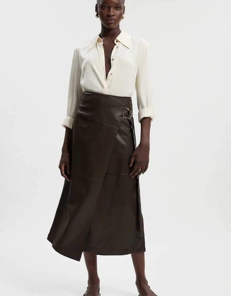 Faux Leather Tie Detail Wrap Midi Skirt