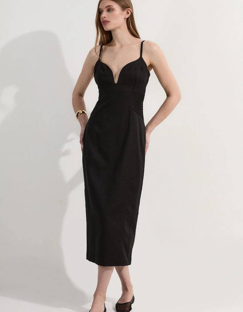 Premium Linen Pintuck Detail Pencil Tailored Midi Dress