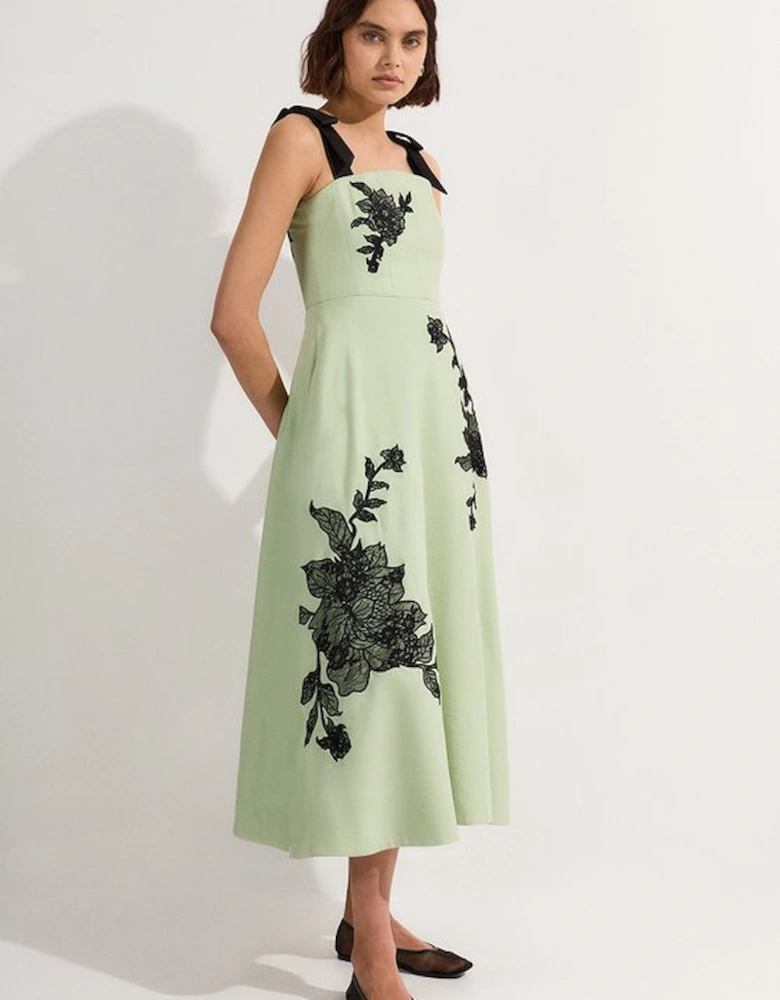 Viscose Linen Placed Floral Lace Embroidered Strappy Midi Dress