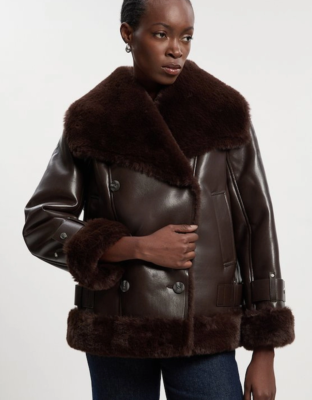 Faux Shearling Oversize Collar Short Coat