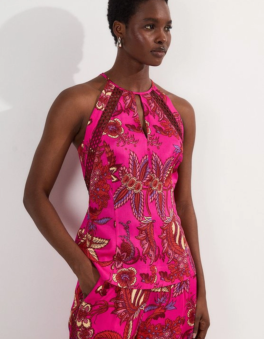 Viscose Floral Print Linen Lace Trim Insert Woven Halter Neck Top, 5 of 4