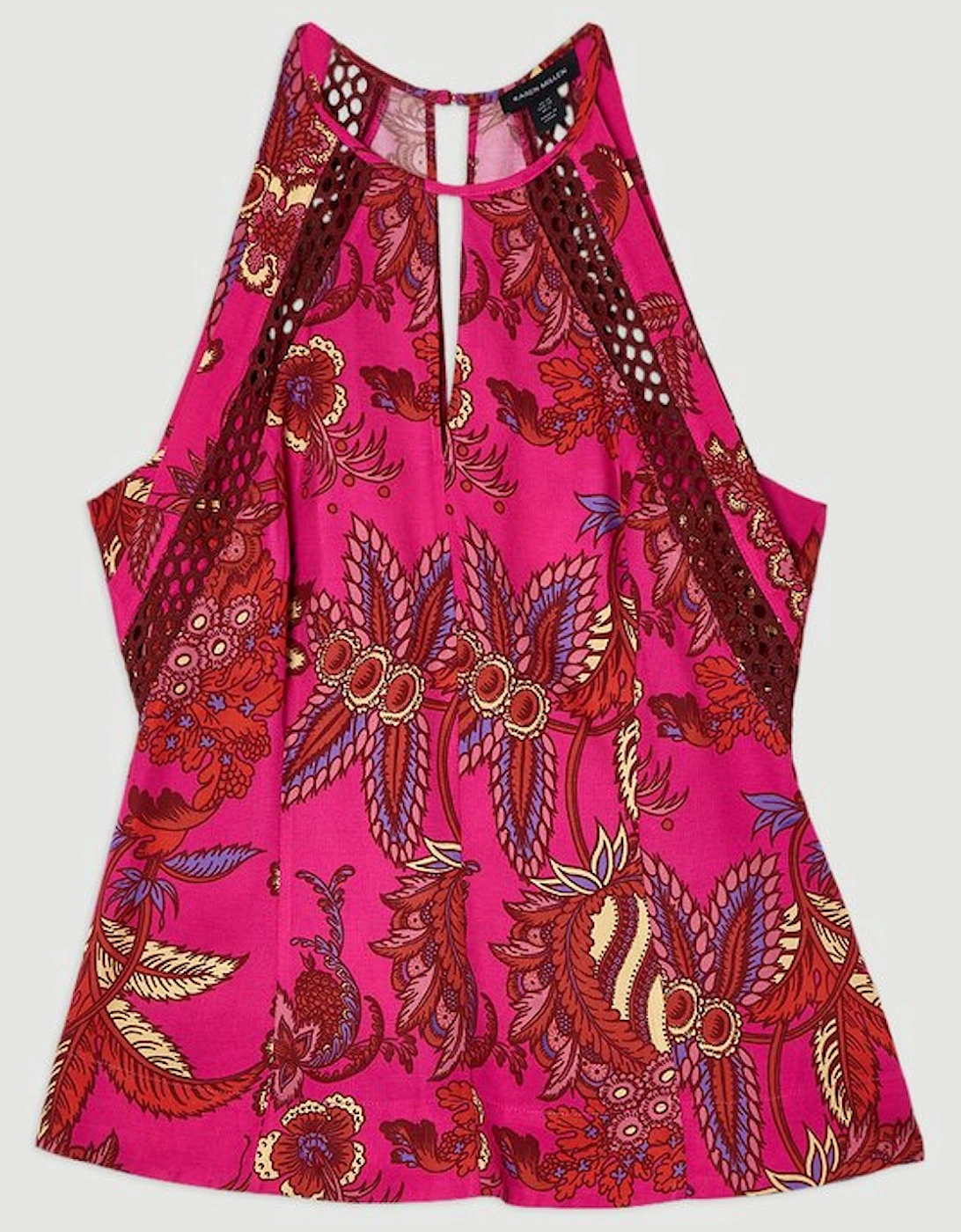 Viscose Floral Print Linen Lace Trim Insert Woven Halter Neck Top