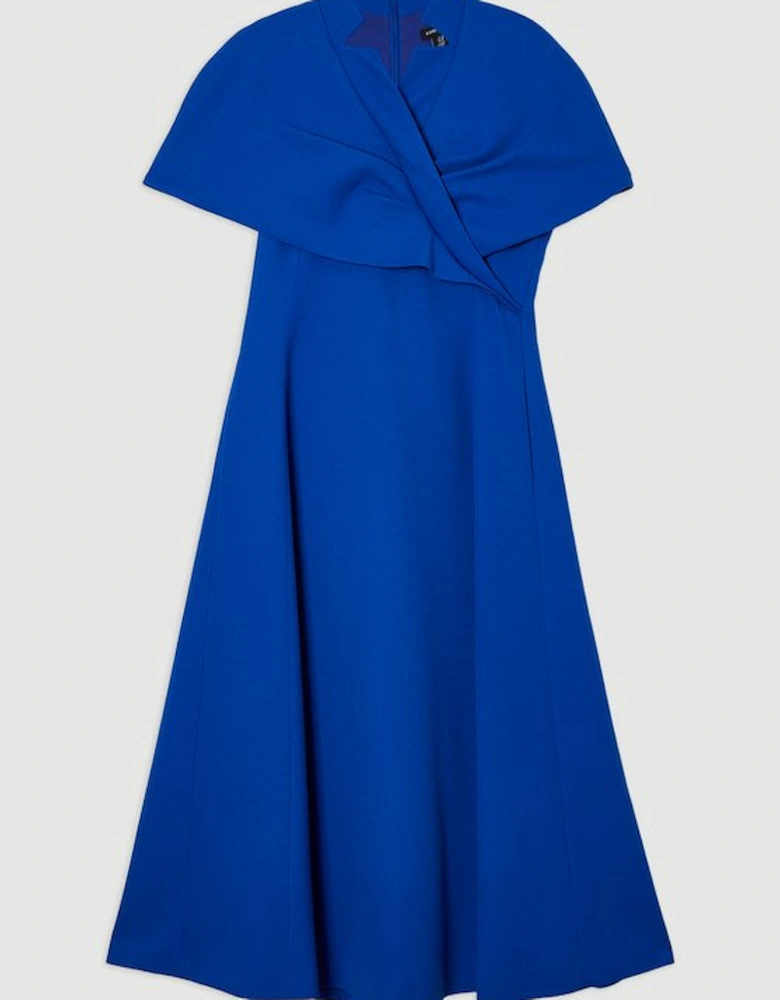 Structured Crepe Cape Detail Full Skirted Tailored Midi Dress