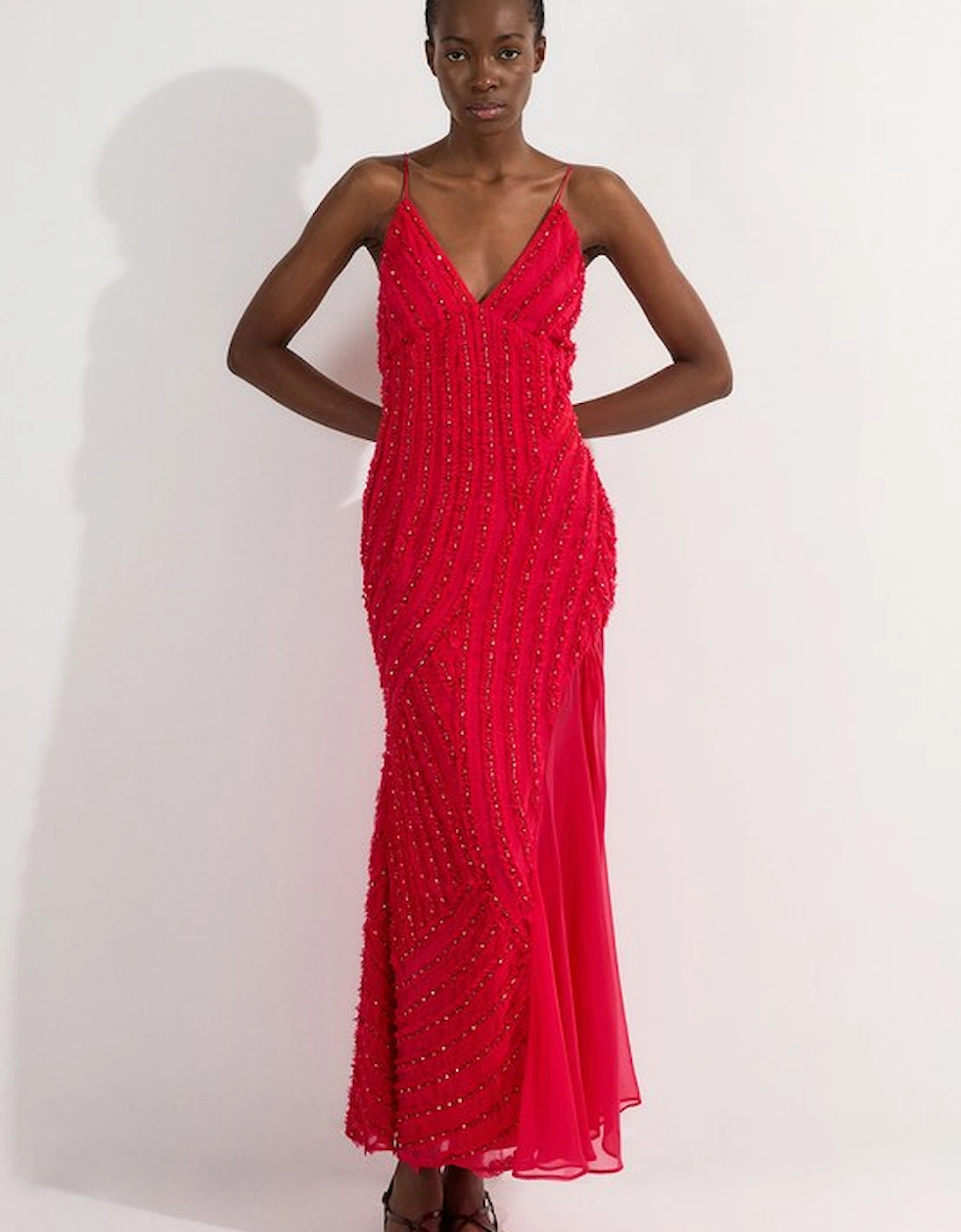 Embellished Ruffle Strappy Woven Maxi Dress