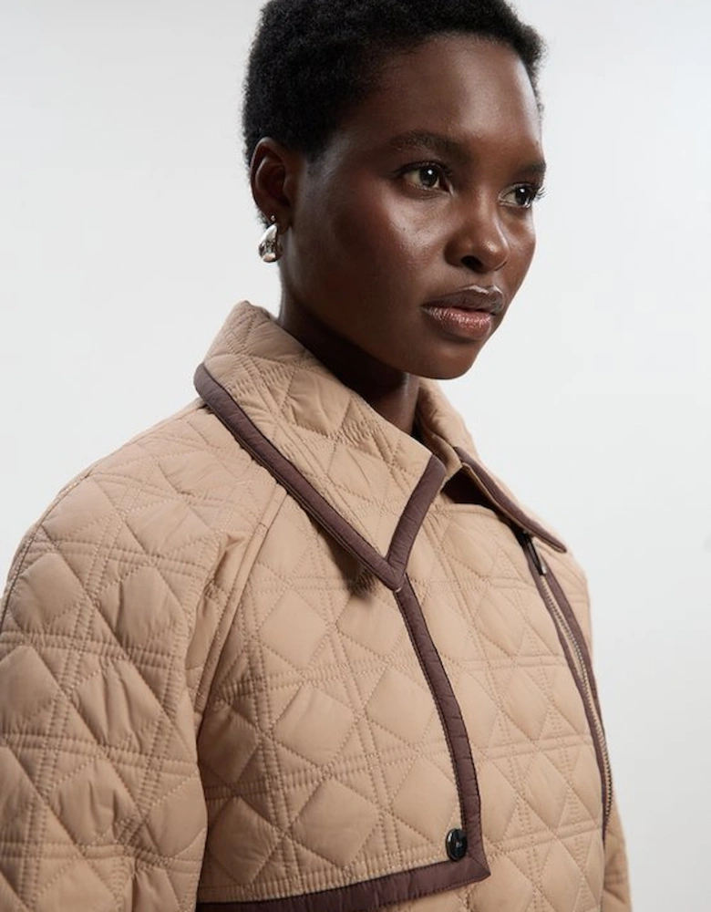 Diamond Quilted Belted Short Puffer Trench Jacket