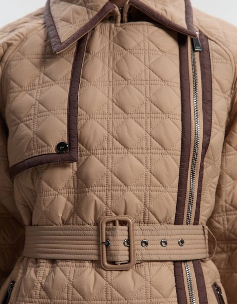Diamond Quilted Belted Short Puffer Trench Jacket
