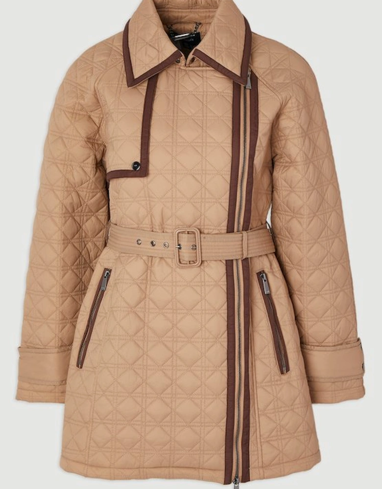 Diamond Quilted Belted Short Puffer Trench Jacket