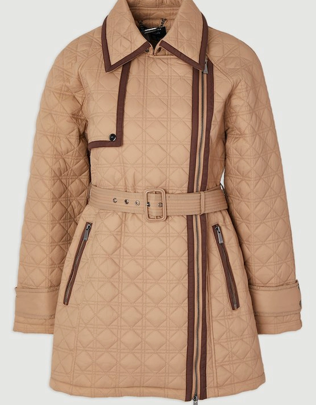 Diamond Quilted Belted Short Puffer Trench Jacket
