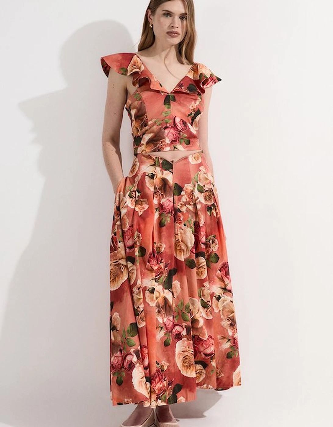 Linen Viscose Floral Printed Woven Ruffle Detail Top